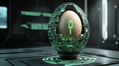This image features a futuristic egg design embedded with digital circuits and a glowing syringe symbol, representing advancements in healthcare technology.の素材