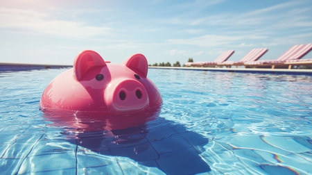 A playful pink pig float drifts in the clear blue waters of a swimming pool, surrounded by sunny lounge chairs, creating a perfect summer scene.の素材