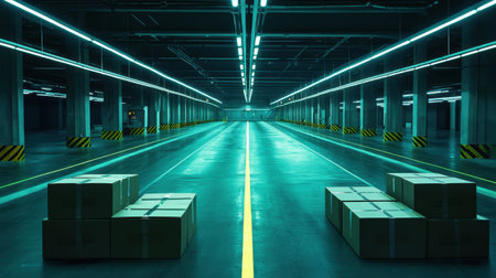 A modern warehouse interior featuring neon lighting and stacked boxes, showcasing an empty space ready for storage and logistics activities.の素材