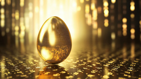 This artistic image features a shiny golden egg set against a backdrop of sparkling lights, evoking themes of luxury, celebration, and new beginnings. Perfect for creative projects.の素材
