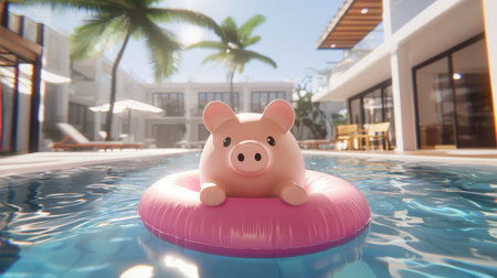 A whimsical pink inflatable pig floats in a sparkling pool under the sun. Surrounded by palm trees and modern architecture, this vibrant scene captures the essence of summer fun and relaxation.の素材
