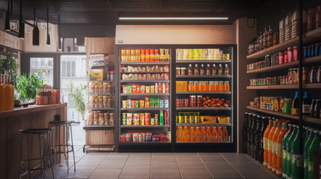 Explore a vibrant and inviting convenience store interior showcasing an array of snacks and beverages on neatly organized shelves.の素材