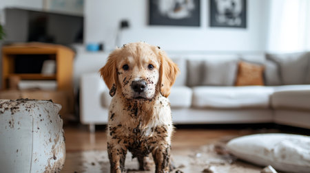 A joyful golden retriever puppy covered in mud stands in a messy living room, showcasing playful curiosity and charming innocence amidst chaos.の素材