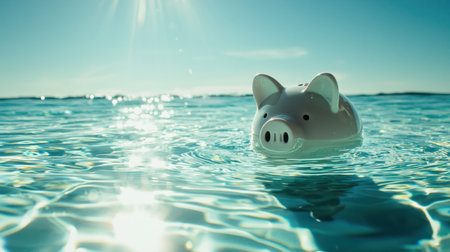 A whimsical scene of a piggy bank floating in clear water with sunlight reflecting off the surface. This image evokes feelings of joy and relaxation while symbolizing financial aspirations. Perfect for concepts around savings and planning.の素材