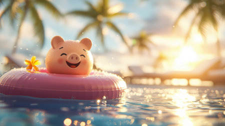 A delightful scene featuring a cute pig toy floating on a pink inflatable in a sparkling pool, surrounded by palm trees and a stunning sunset, evoking feelings of joy and summer fun.の素材