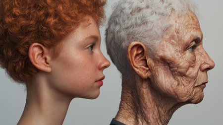 This striking image showcases a young girl and an elderly woman side by side, emphasizing the beauty of aging and the innocence of youth, reflecting life's journey.の素材