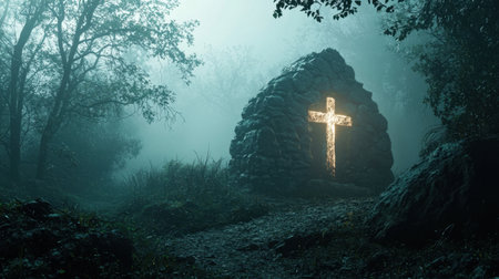 A serene stone chapel featuring a glowing cross stands amidst a misty forest. The twilight light enhances the mystical atmosphere, inviting introspection.の素材