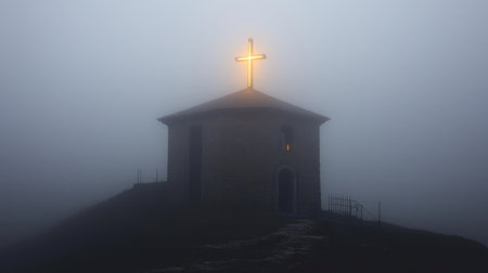 A small church emerges from thick fog, featuring a glowing cross that symbolizes hope and spirituality in a serene yet mysterious landscape.の素材