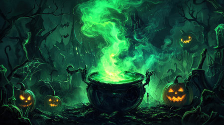 A magical scene featuring a bubbling cauldron emitting a green mist, surrounded by carved Halloween pumpkins and an eerie forest backdrop, perfect for spooky themes.の素材