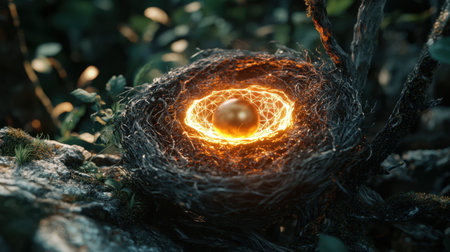 A captivating nest cradles a luminous golden egg, emanating warmth and magic amidst lush greenery, evoking a sense of wonder and tranquility.の素材