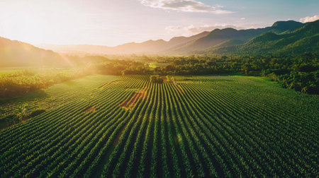 This stunning aerial photograph captures expansive green agricultural fields under the warm glow of sunrise, with majestic mountains in the background.の素材