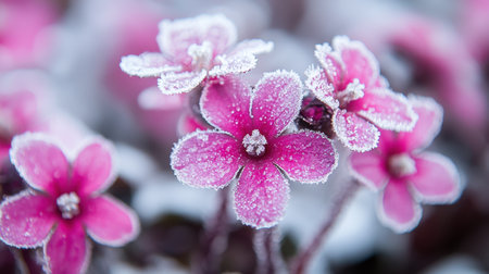 A stunning close-up of pink flowers adorned with frost, showcasing the beauty of nature and the magic of winter in a tranquil setting.の素材