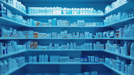 This image showcases a modern pharmacy interior with neatly organized shelves filled with various medications and health products. Ideal for healthcare topics.の素材