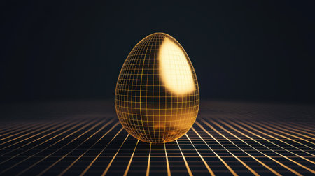 A stunning 3D render of a golden egg set against a dark grid background. The object features smooth surfaces and intricate reflections, perfect for creative and modern projects.の素材