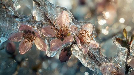 A stunning close-up of a pink blossom frozen in clear ice, showcasing delicate beauty amidst a backdrop of shimmering light and soft bokeh.の素材