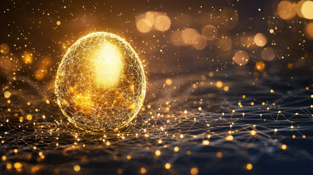 A stunning golden egg glows with sparkling lights and an abstract network design, creating a magical and luxurious atmosphere ideal for art and technology projects.の素材