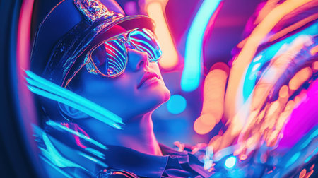 A stylish police officer with sunglasses striking a pose against a backdrop of vibrant neon lights, capturing the essence of modern urban nightlife.の素材