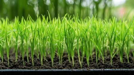 Lush green rice sprouts emerge from rich soil, symbolizing growth and potential in agriculture, showcasing nature's beauty and nurturing essence.の素材
