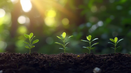 Four vibrant green seedlings emerge from rich brown soil, illuminated by warm sunlight. The soft bokeh background enhances the focus on new life in a peaceful natural setting.の素材