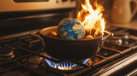 This striking image depicts a globe in a pot over a gas stove, surrounded by flames, representing climate change challenges and environmental awareness.の素材