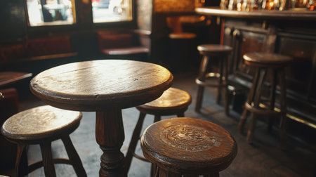 A cozy and rustic bar scene featuring a wooden table and stools set in a dimly lit pub, perfect for social gatherings. The warm atmosphere invites relaxation and showcases craftsmanship.の素材