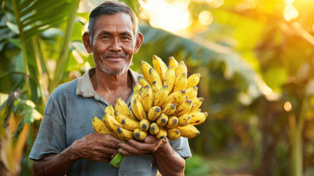 A cheerful elderly man proudly displays a large bunch of ripe bananas against a backdrop of lush greenery, capturing the essence of tropical farming and community life.の素材