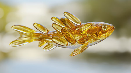 This stunning glass fish sculpture features intricate detailing and shimmering golden hues, making it a captivating decorative piece for any setting.の素材