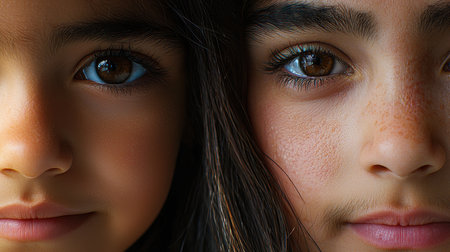This captivating close-up portrait features two young girls with mesmerizing eyes, showcasing their innocence and joy. Their unique features blend beautifully in a moment of connection and warmth.の素材