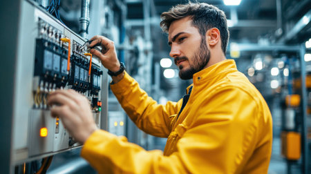 A technician in a yellow jacket carefully adjusts a control panel in a busy industrial environment. The focus is on the intricate technology and professional dedication required for maintenance and operation.の素材