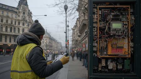 A worker in a safety vest examines an electrical control box on a busy urban street, showcasing technology and infrastructure amid city life.の素材