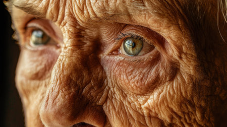 This close-up portrait captures the intricate details of an elderly person's face, highlighting the beauty of aging through wrinkles and expressive eyes in soft, natural light.の素材