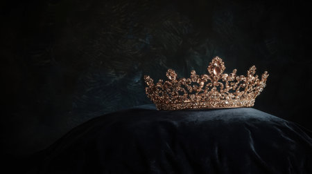 This stunning gold crown, featuring intricate designs and embellished gems, rests gracefully on a plush velvet cushion, creating an exquisite visual suitable for royal themes or elegant presentations.の素材
