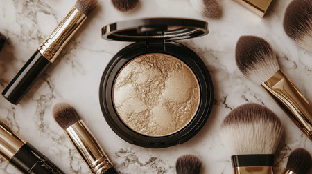 This image showcases an artistic arrangement of luxury makeup products on a marble surface, highlighting beauty tools and a stunning highlighter, perfect for makeup and beauty enthusiasts.の素材