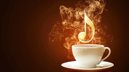 Enjoy the perfect combination of hot coffee and music in this artistic depiction. Experience warmth and comfort as steam rises and music inspires.の素材