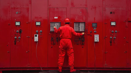 A worker in a bright red safety suit operates control panels within an industrial environment featuring red machinery. The scene illustrates the importance of safety and technology in modern industry.の素材