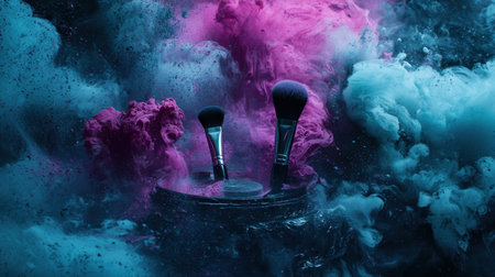 This captivating image features makeup brushes emerging from colorful, swirling smoke, creating an artistic and dynamic presentation perfect for beauty and fashion themes.の素材