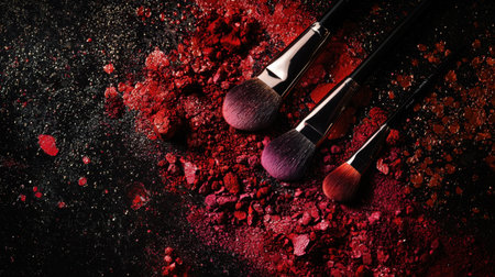 A stunning flat lay of makeup brushes resting amidst rich red cosmetic powders on a dark surface, capturing the elegance and artistry of beauty essentials.の素材