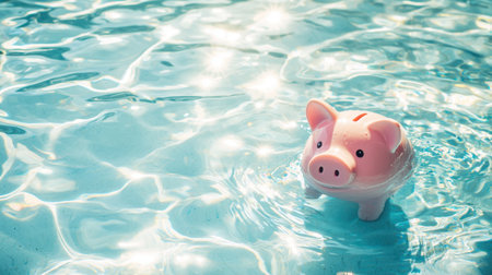 A charming piggy bank floats gently in a bright blue pool, reflecting the sunlight and creating rippling textures on the water's surface.の素材