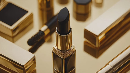 Discover an exquisite black lipstick highlighted among luxurious gold beauty products, creating an elegant composition that embodies glamour and style.の素材