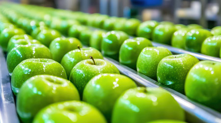 A vibrant scene of fresh green apples neatly arranged on a production line in a modern facility, ready for packaging and distribution.の素材