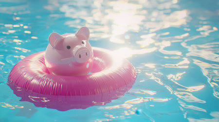 A whimsical piggy bank float rests in a sparkling blue pool, reflecting sunlight and bringing a playful vibe to summer leisure and savings themes.の素材