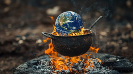 A striking visual representation of Earth placed in a cauldron amid flames and smoke, highlighting the urgent environmental issues and climate challenges facing our planet.の素材