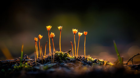 A close-up view of delicate orange flowers emerging from the ground, illuminated by soft sunlight against a natural green background.の素材