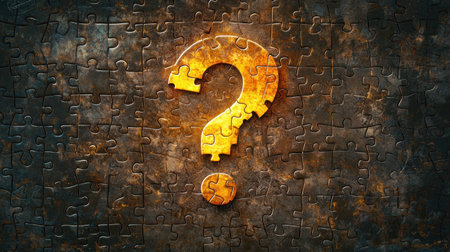 A striking golden puzzle piece shaped like a question mark stands out against a textured background, symbolizing uncertainty and curiosity in problem solving and exploration.の素材