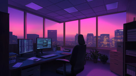 A tranquil office space featuring dual monitors, a comfortable chair, and a stunning city skyline view at dusk. Ideal for concepts of productivity and inspiration.の素材