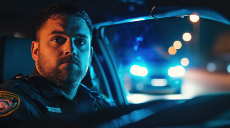 A focused law enforcement officer sits in a patrol car during the night. Blue lights illuminate the surroundings, creating a dramatic urban atmosphere that highlights the intensity of policing in action.の素材