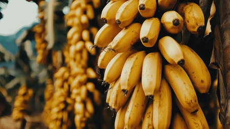 A close-up view of fresh ripe bananas hanging in a lush tropical garden, showcasing their vibrant yellow color and natural beauty for healthy diets.の素材