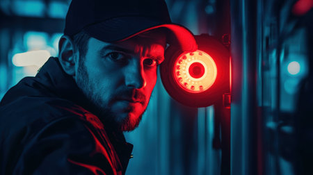 A serious detective observes a hidden location, illuminated by a glowing red light, embodying the suspense of a thrilling investigation.の素材