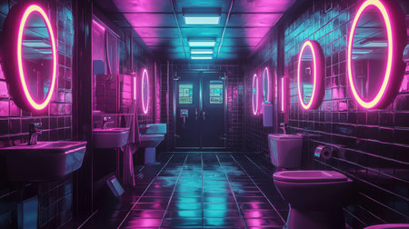 This captivating image showcases a neon-lit bathroom featuring modern fixtures and vibrant reflections in a stylish dark setting.の素材