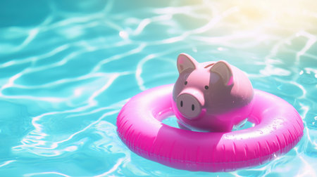 A delightful pink pig toy floats on a bright blue swimming pool, capturing the essence of summer fun. Perfect for promoting playtime and relaxation.の素材